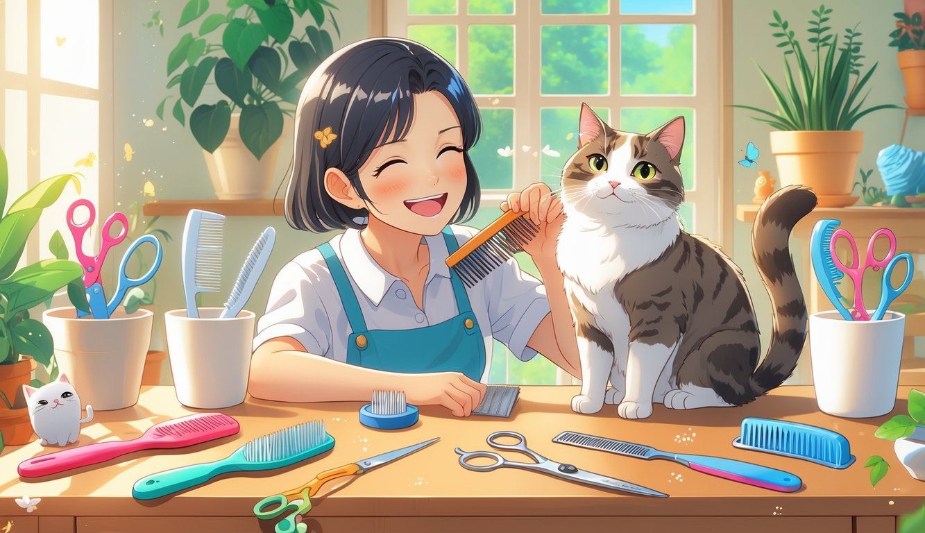 A person grooming a calm cat with a dematting comb surrounded by grooming tools on a table in a cozy room.