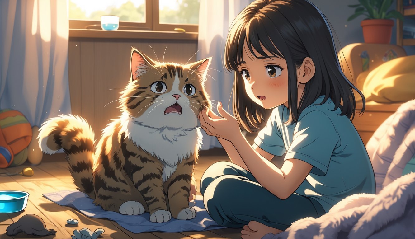 A girl sitting on the floor comforting a distressed cat that is meowing loudly in a cozy room.