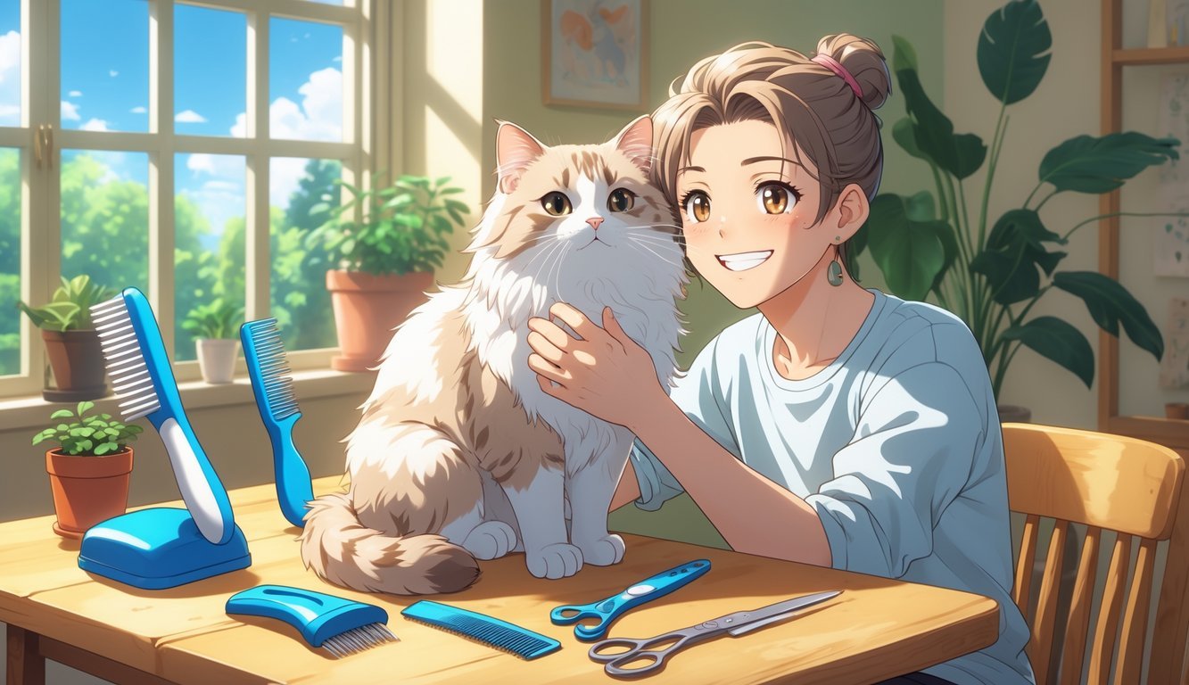 A person gently grooming a relaxed cat indoors with seven grooming tools displayed nearby on a table.