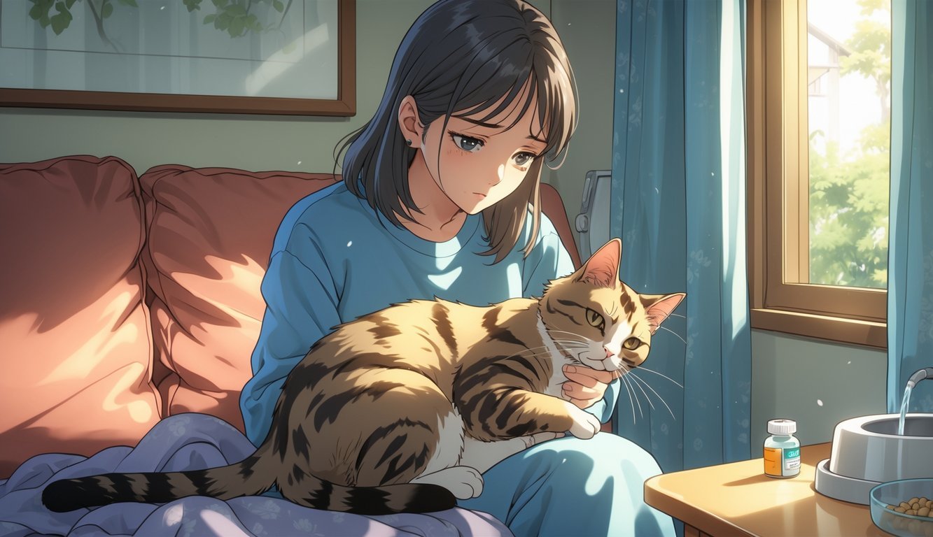 A young woman gently caring for a sick cat indoors, showing concern and tenderness.