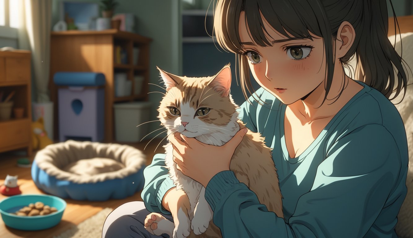 A young woman gently holding a thin, fragile cat indoors, showing care and concern.