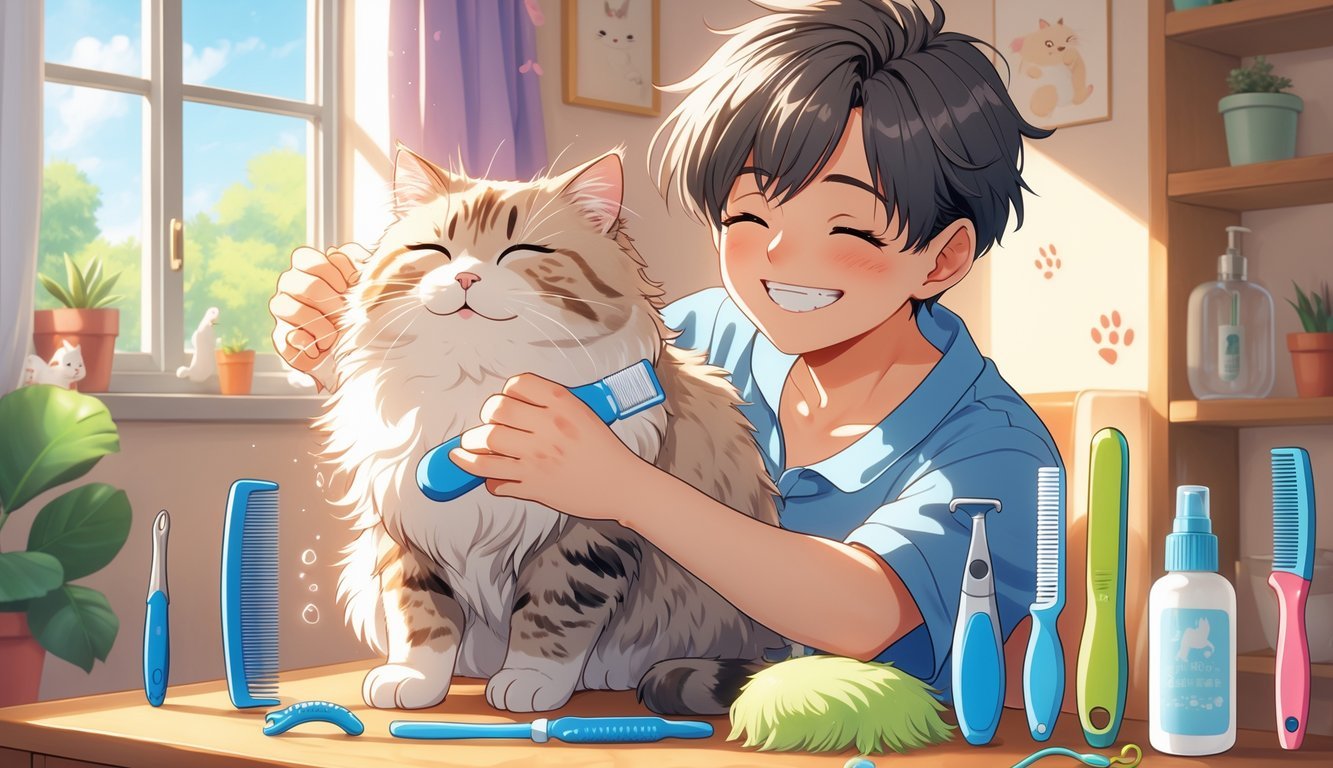 A person happily grooming a relaxed cat indoors with various cat grooming tools displayed nearby.