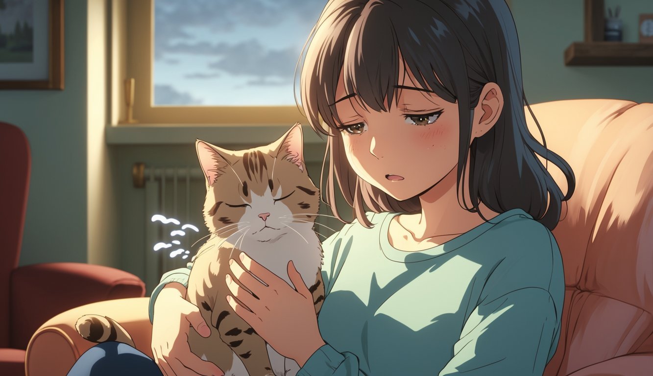 A young woman gently holding a small cat that looks weak and is coughing slightly in a cozy room.