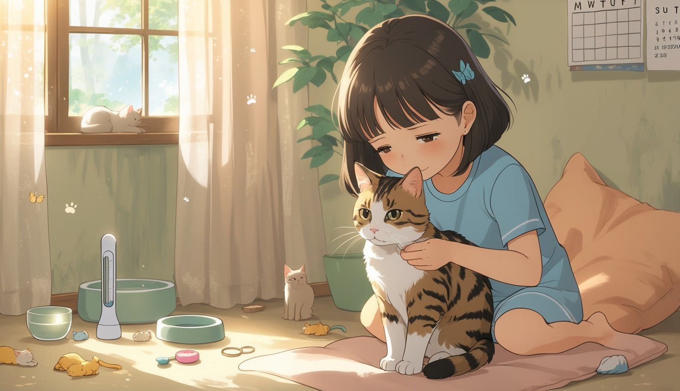 A young girl gently examining her cat in a cozy room, showing care and concern as the cat sits calmly on a cushion near a sunlit window.