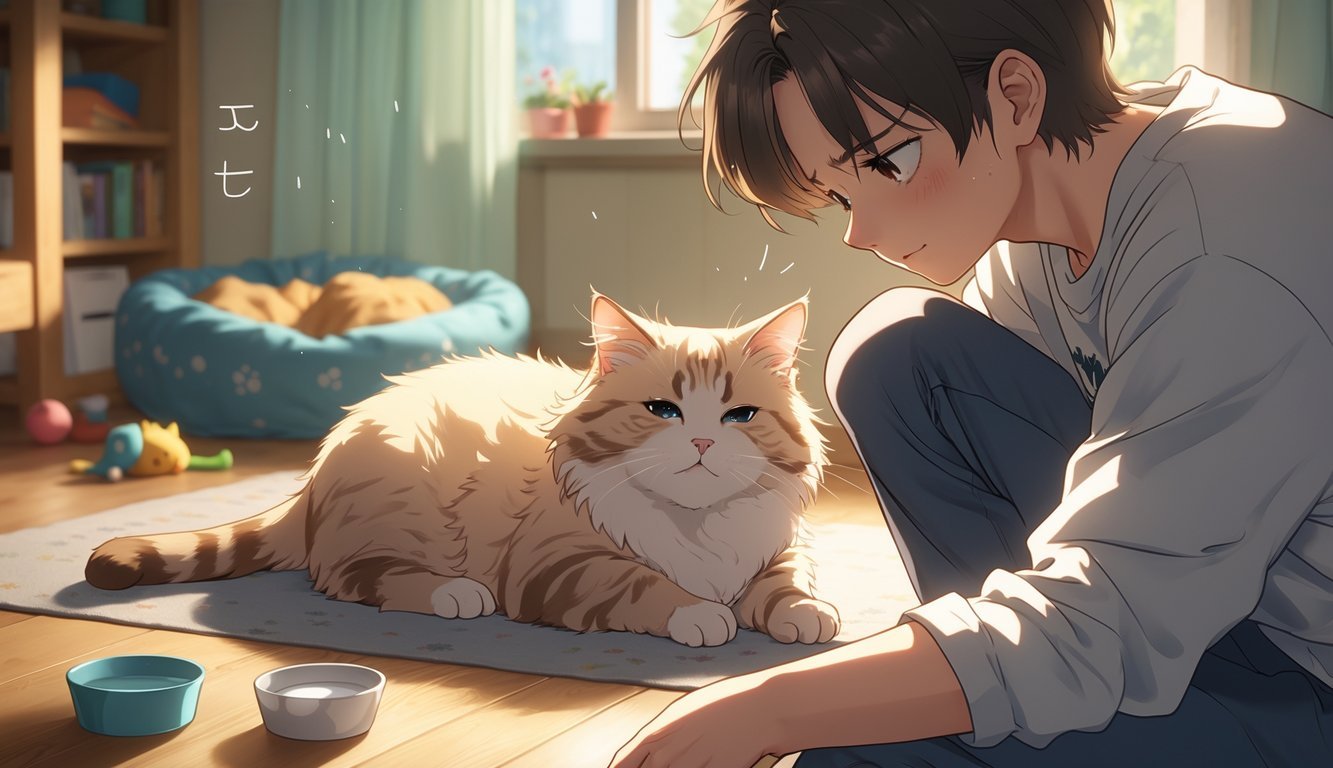 A person gently examining a cat indoors, showing concern as the cat lies down looking tired and unwell in a cozy living room.