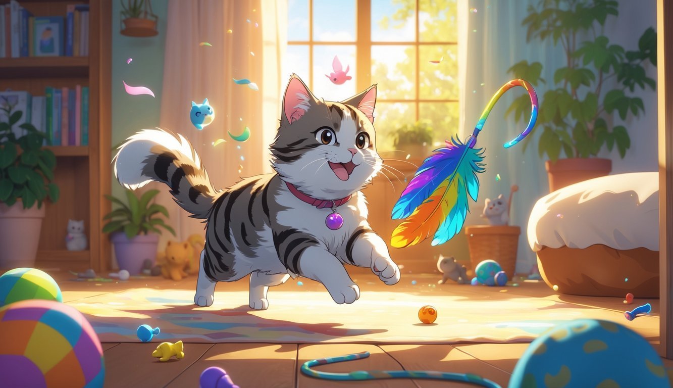 A person playing with a happy cat indoors using a feather toy, with sunlight and cozy surroundings.