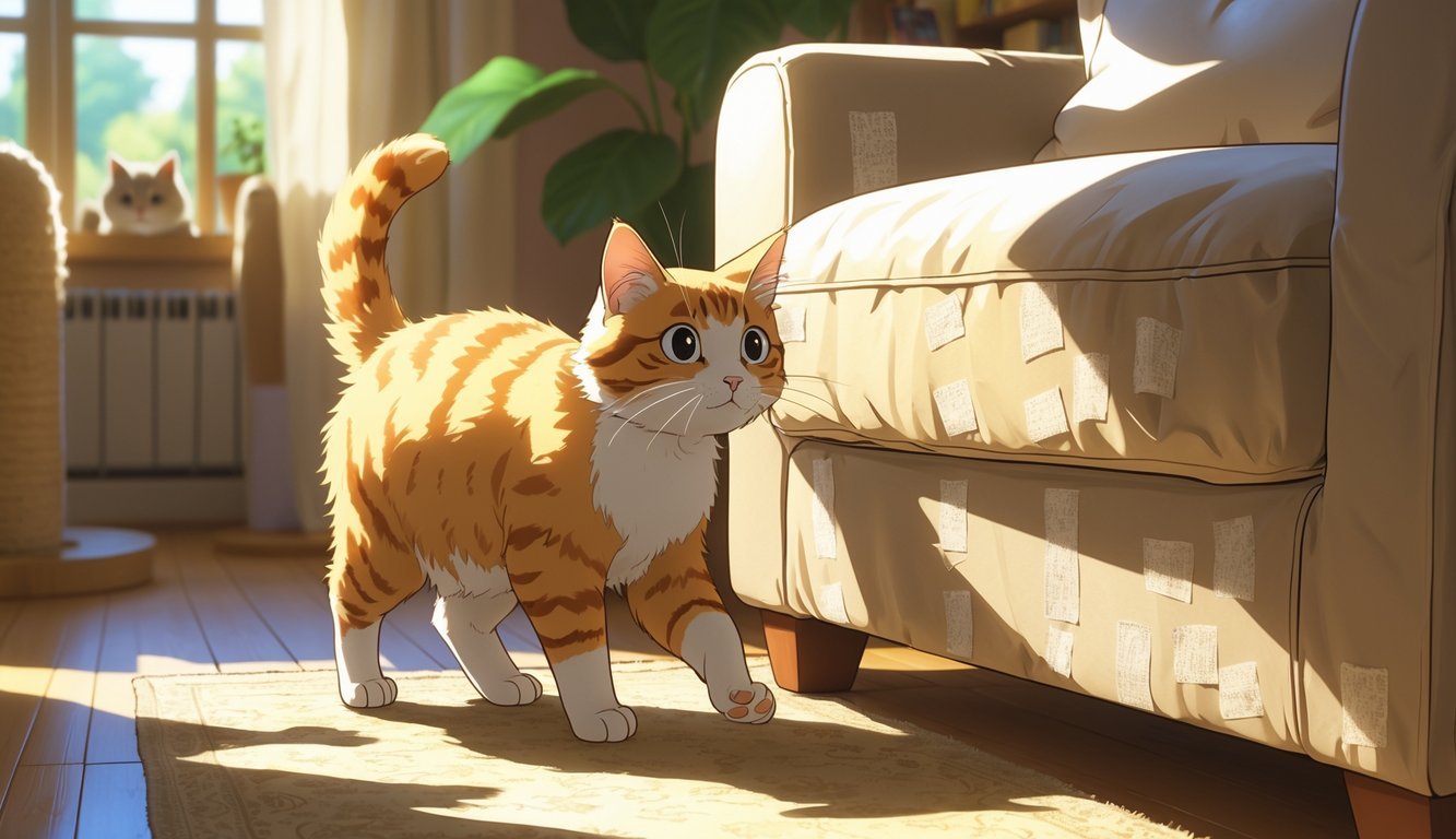 A cat hesitates to scratch furniture covered with sticky tape inside a cozy living room.