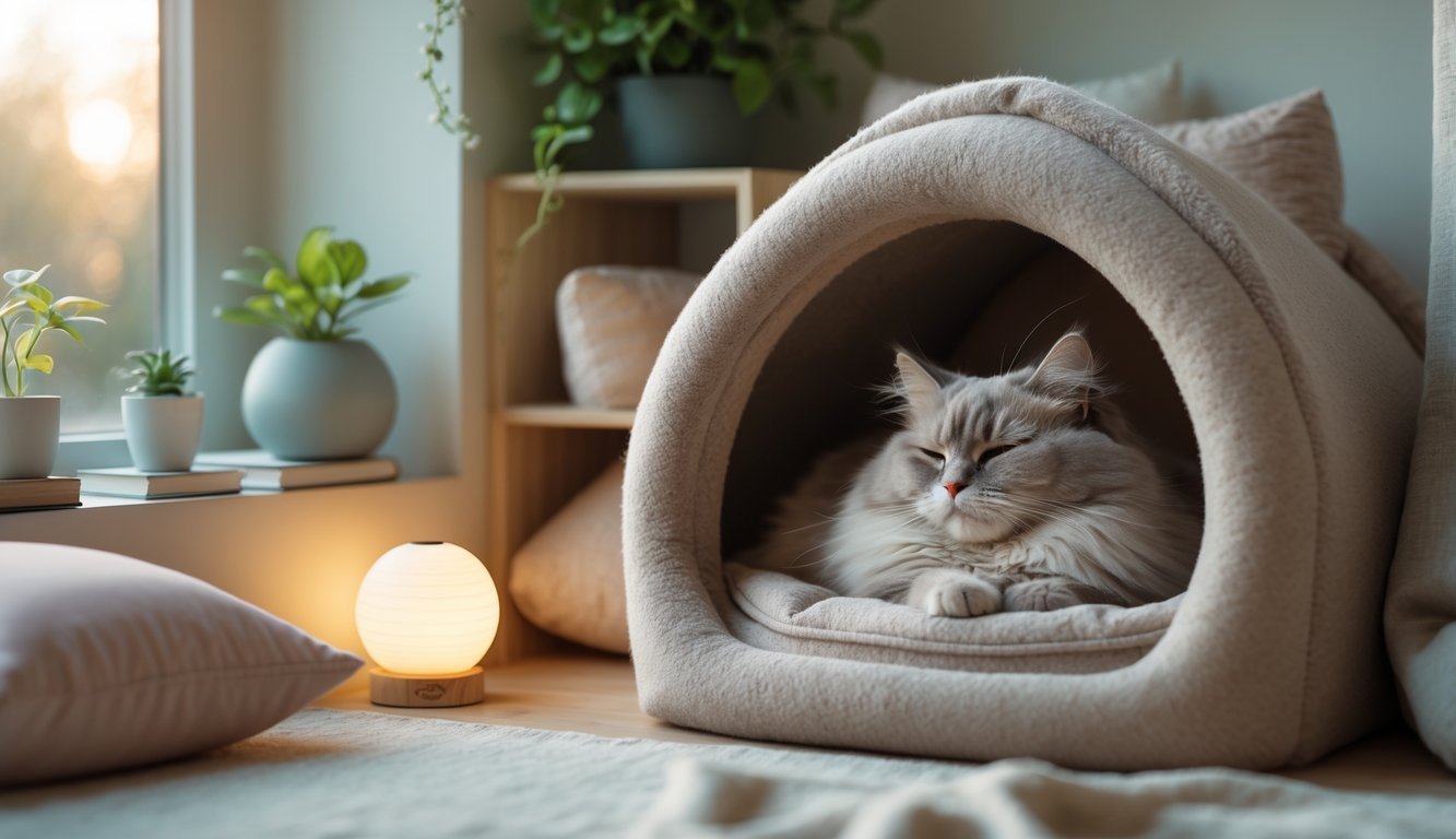 A calm cat resting inside a cozy enclosed bed in a quiet corner of a softly lit room with plants and cushions around.