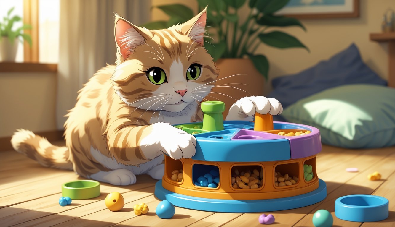 A cat playing with a puzzle feeder toy in a cozy sunlit room, looking curious and engaged.