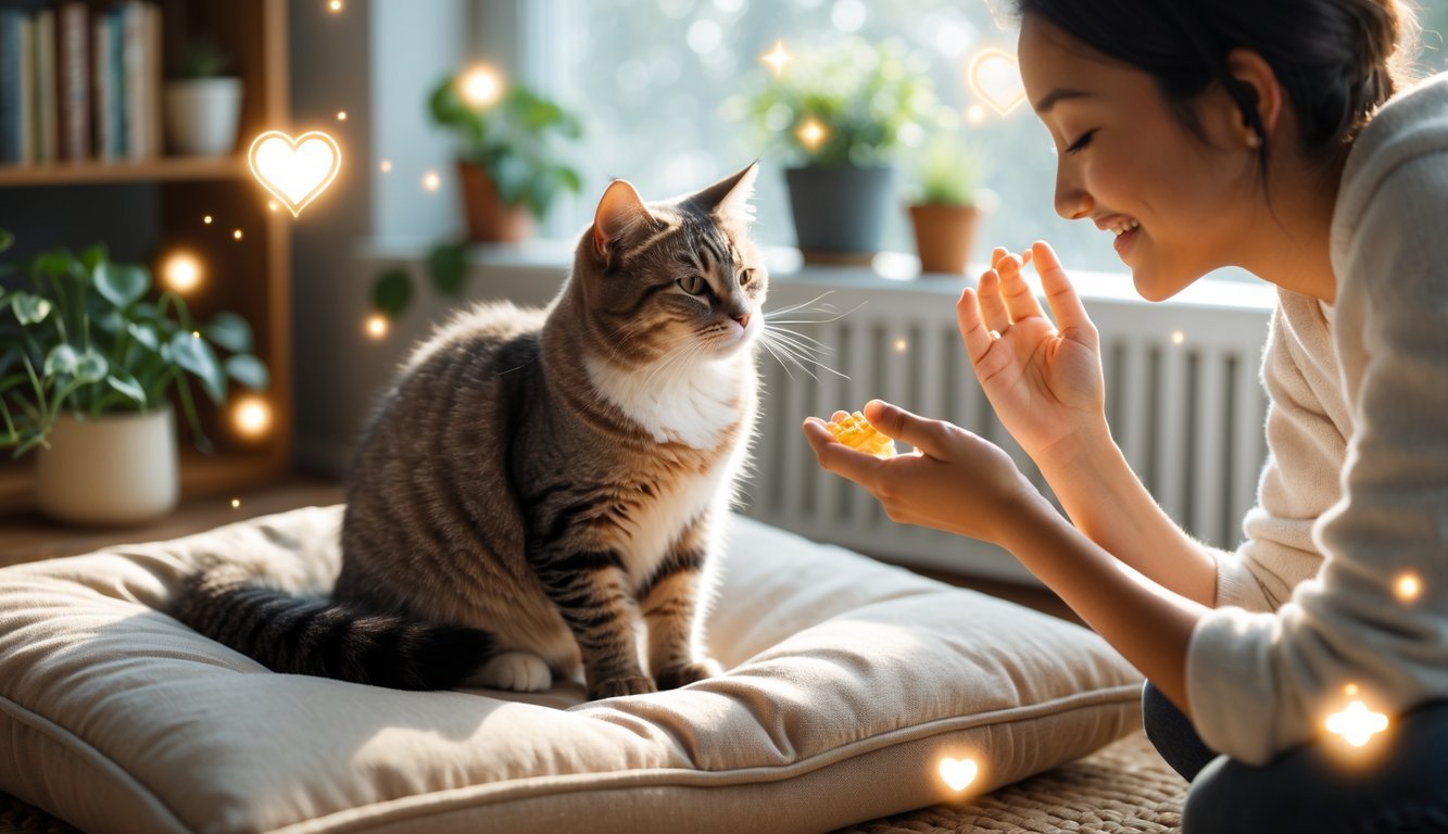 A calm cat sits on a cushion near a window while a person gently pets it and offers a treat in a cozy indoor setting.