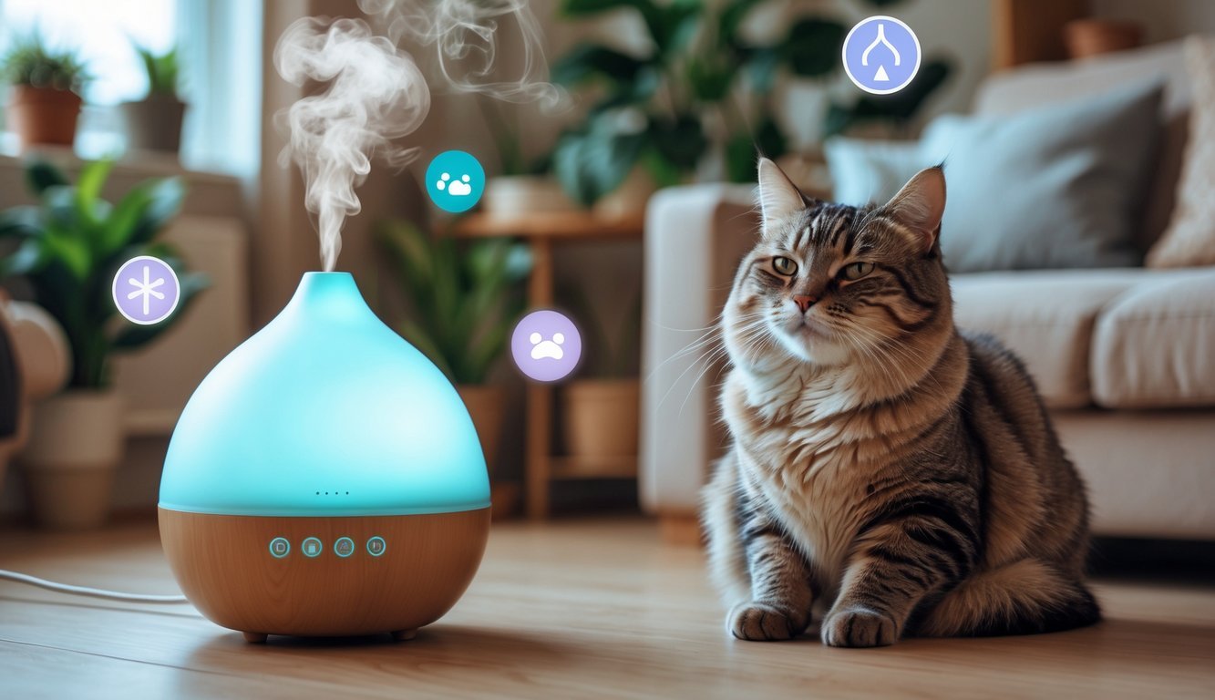 A relaxed cat sitting near a glowing diffuser in a cozy living room, surrounded by calming atmosphere.
