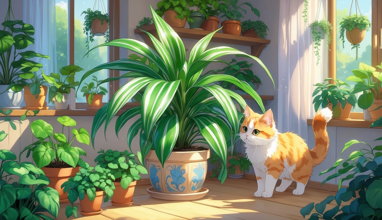 A cat playing among several healthy houseplants inside a cozy room filled with natural light.