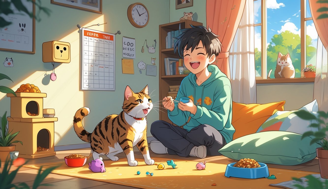 A person feeding and playing with a happy cat in a cozy living room with sunlight coming through a window.