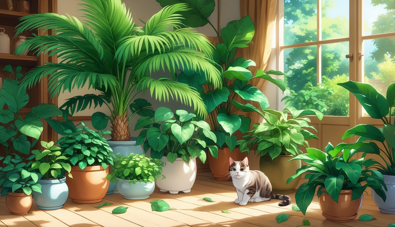 A cat exploring a cozy room filled with various healthy houseplants, including a tall Areca Palm, bathed in natural sunlight.