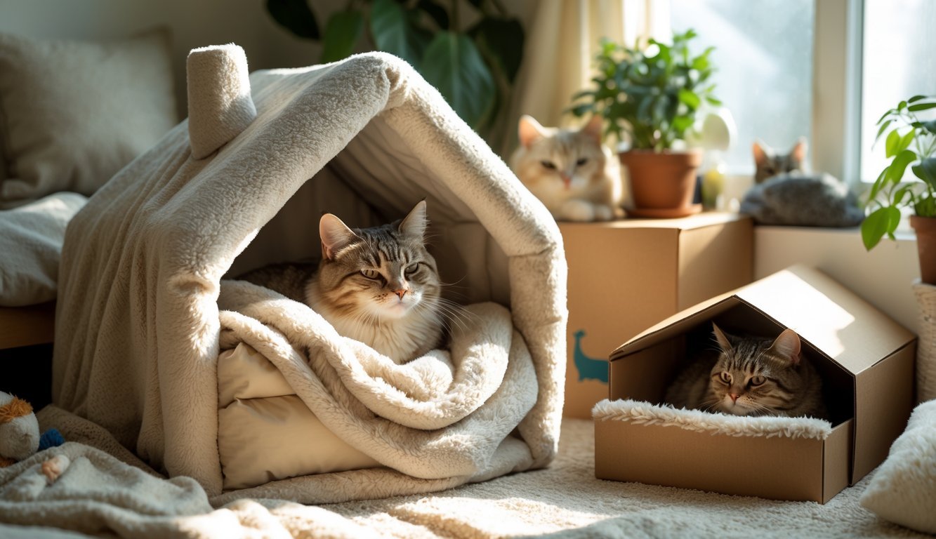 A cat resting inside a covered bed and another cat curled up in a cozy box in a softly lit room with plants and toys.