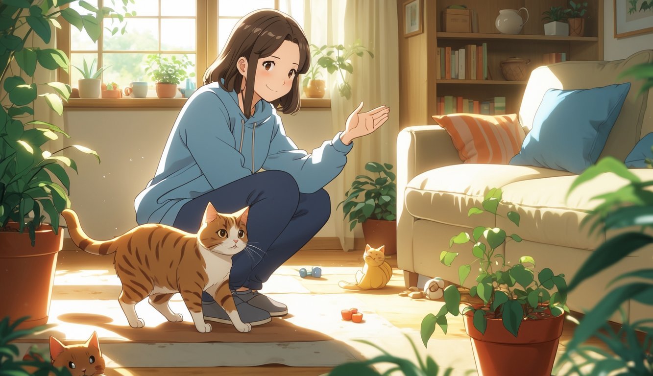 A young woman calmly redirects a playful cat in a cozy living room filled with sunlight and cat toys.