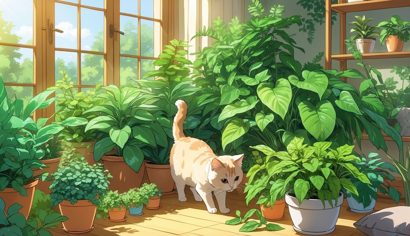 A cat exploring a sunlit room filled with lush Boston ferns and various safe houseplants arranged in decorative pots.
