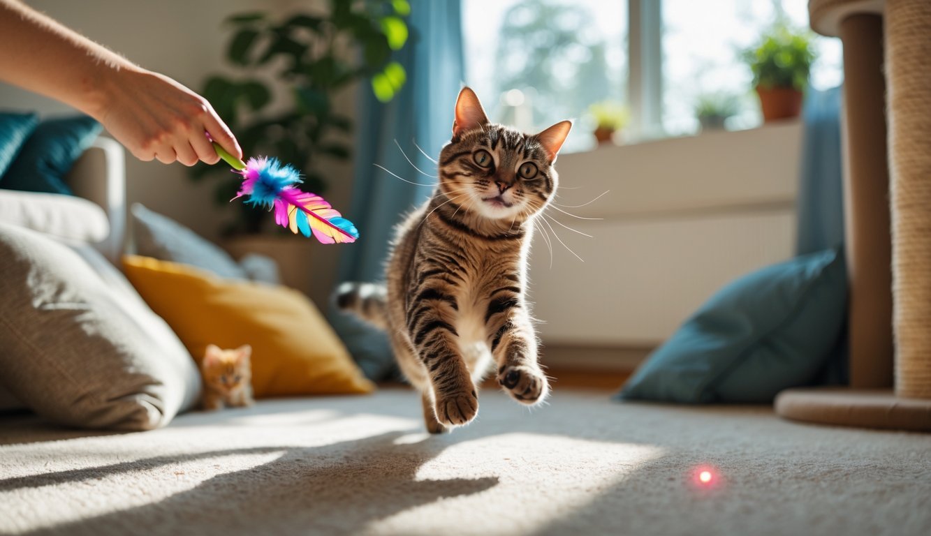 A cat playing with a feather wand and chasing a red laser dot in a cozy, sunlit room with cushions and a cat tree.