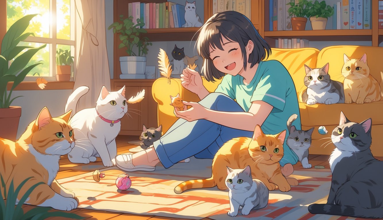 A young woman sitting on the floor playing with several cats in a cozy living room filled with sunlight.