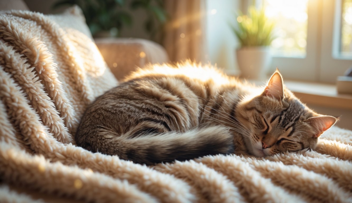 A cat peacefully sleeping curled up on a soft blanket in a warm, cozy room with sunlight streaming through a window.