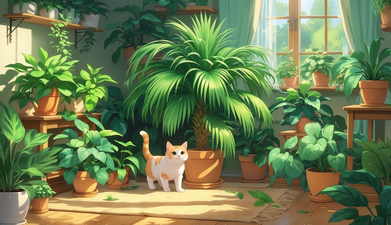 A cozy indoor scene with a variety of green houseplants and a curious cat exploring them.
