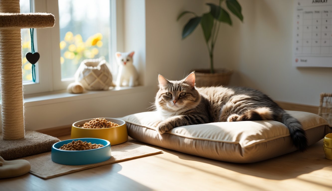 A cat resting comfortably on a cushion near a sunny window with a feeding area and toys nearby in a cozy room.
