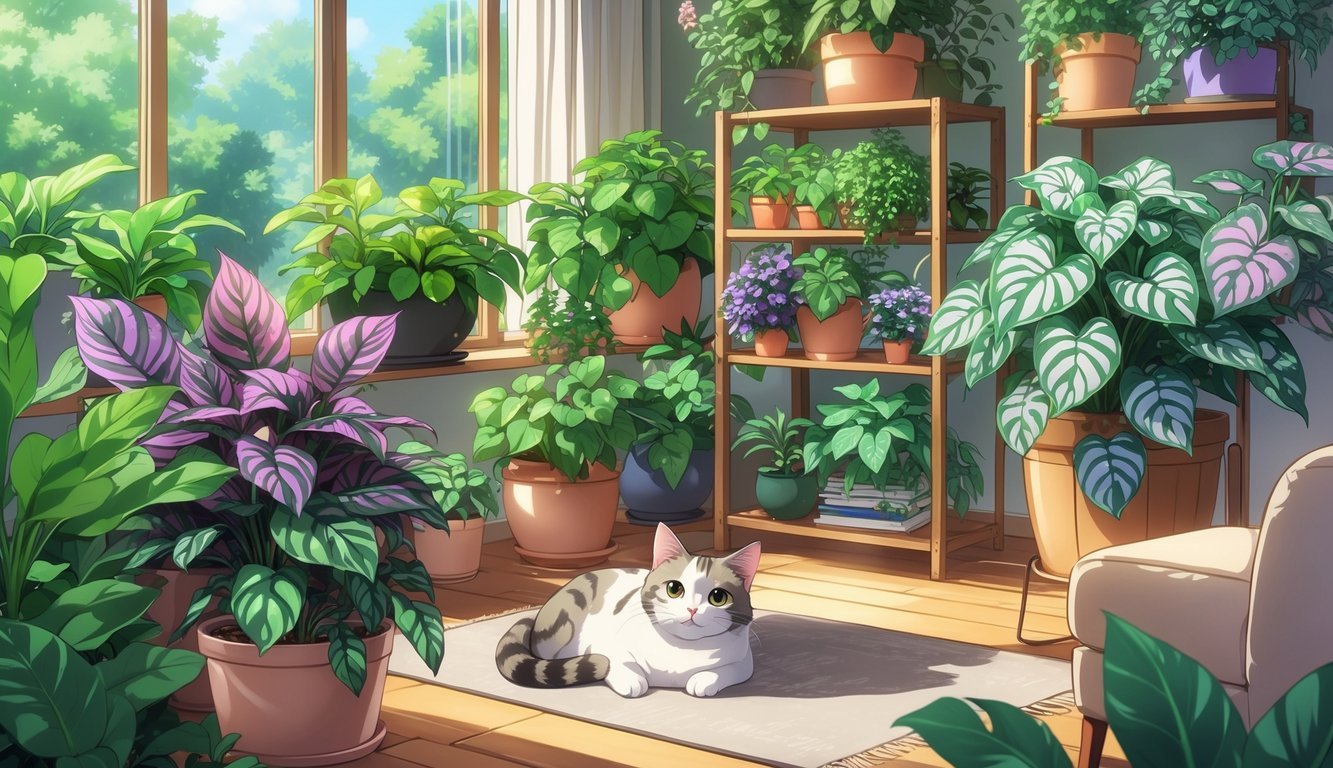 A cozy living room filled with eleven different Calathea houseplants and a relaxed cat resting among them.