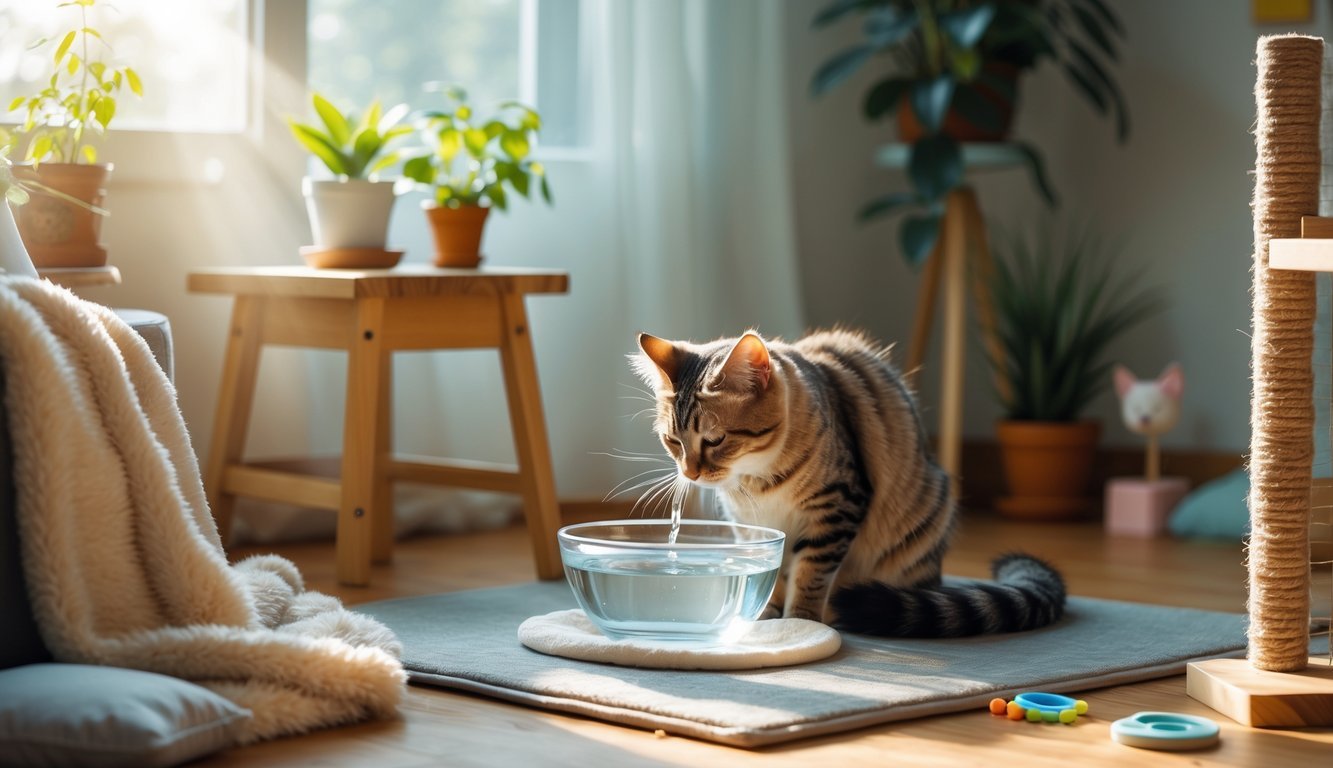 A cat drinking water from a bowl in a quiet, cozy indoor corner with soft natural light and plants nearby.
