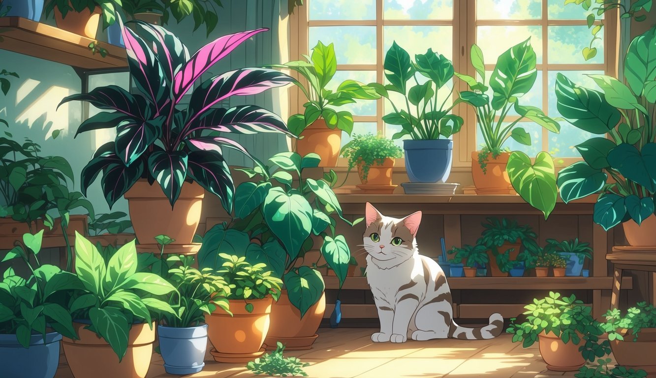 A cat exploring a sunlit room filled with eleven different safe houseplants, including a Prayer Plant with pink-veined leaves.