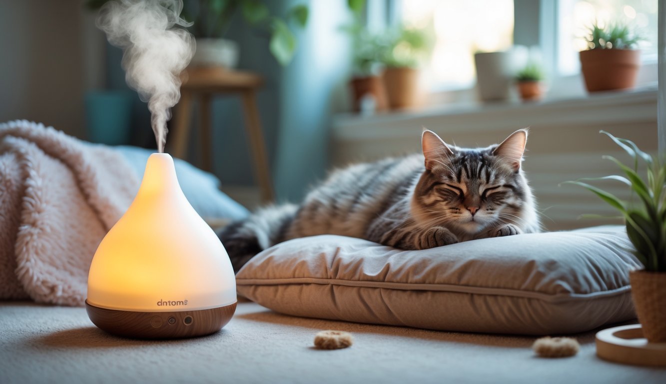 A cat resting peacefully on a cushion near a small diffuser in a cozy, softly lit room.