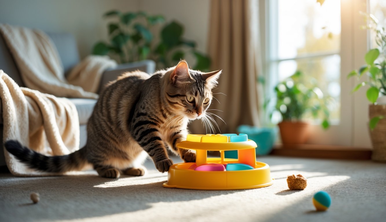 A cat playing with a puzzle feeder toy in a cozy living room filled with sunlight and comfortable home elements.