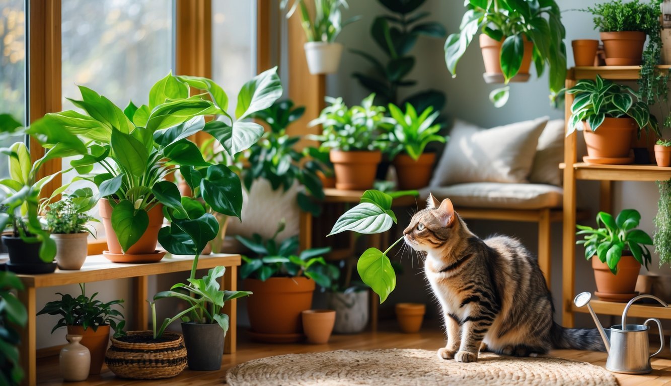 A cozy room with eleven different houseplants safe for cats, and a cat gently sniffing one of the plants.