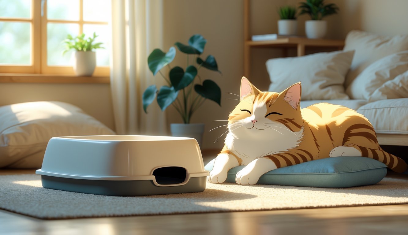 A relaxed cat resting near a clean litter box in a quiet, cozy room with soft sunlight and comfortable surroundings.