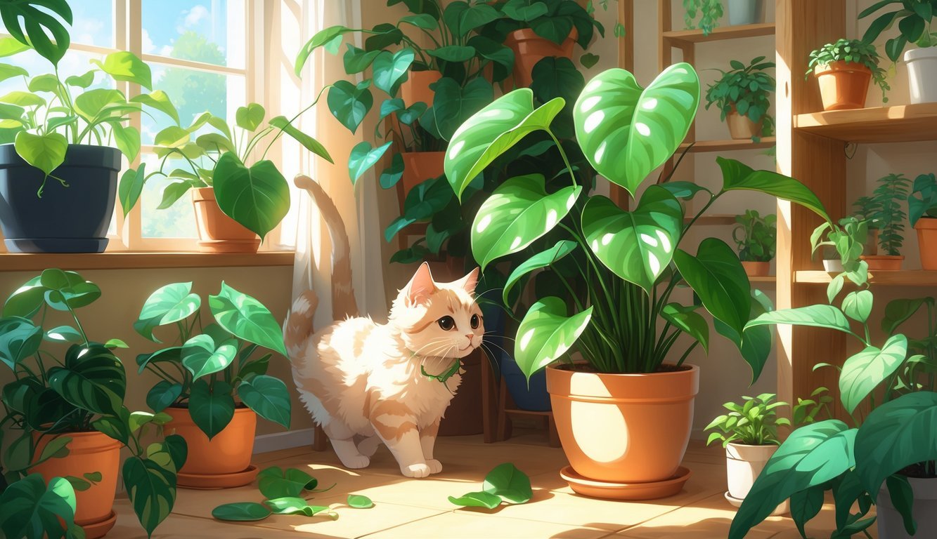 A cat playing among various healthy houseplants, including a baby rubber plant, in a sunlit cozy room.