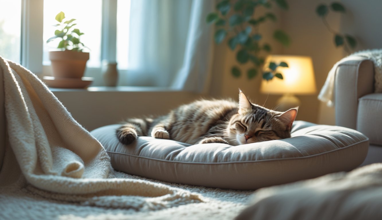 A cat resting peacefully on a cushion in a calm, cozy room with soft sunlight coming through a window.