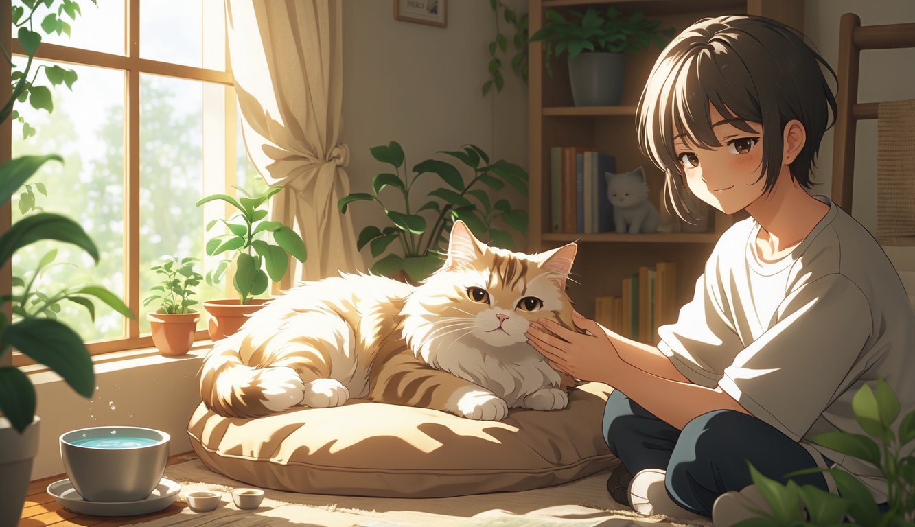 A person gently pets a relaxed cat resting on a cushion near a sunny window in a cozy home.