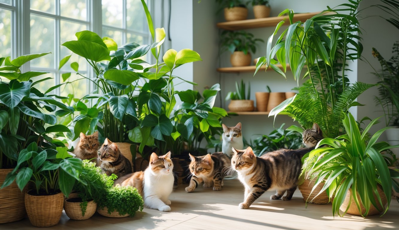 Indoor room filled with various houseplants and several cats exploring and resting among the plants.