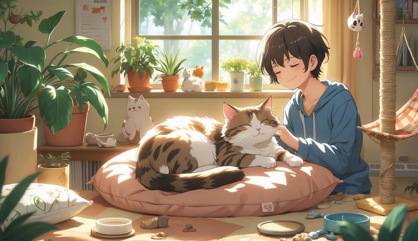A cat resting comfortably on a cushion by a sunny window inside a cozy room, with a person gently petting it and various cat toys and plants around.