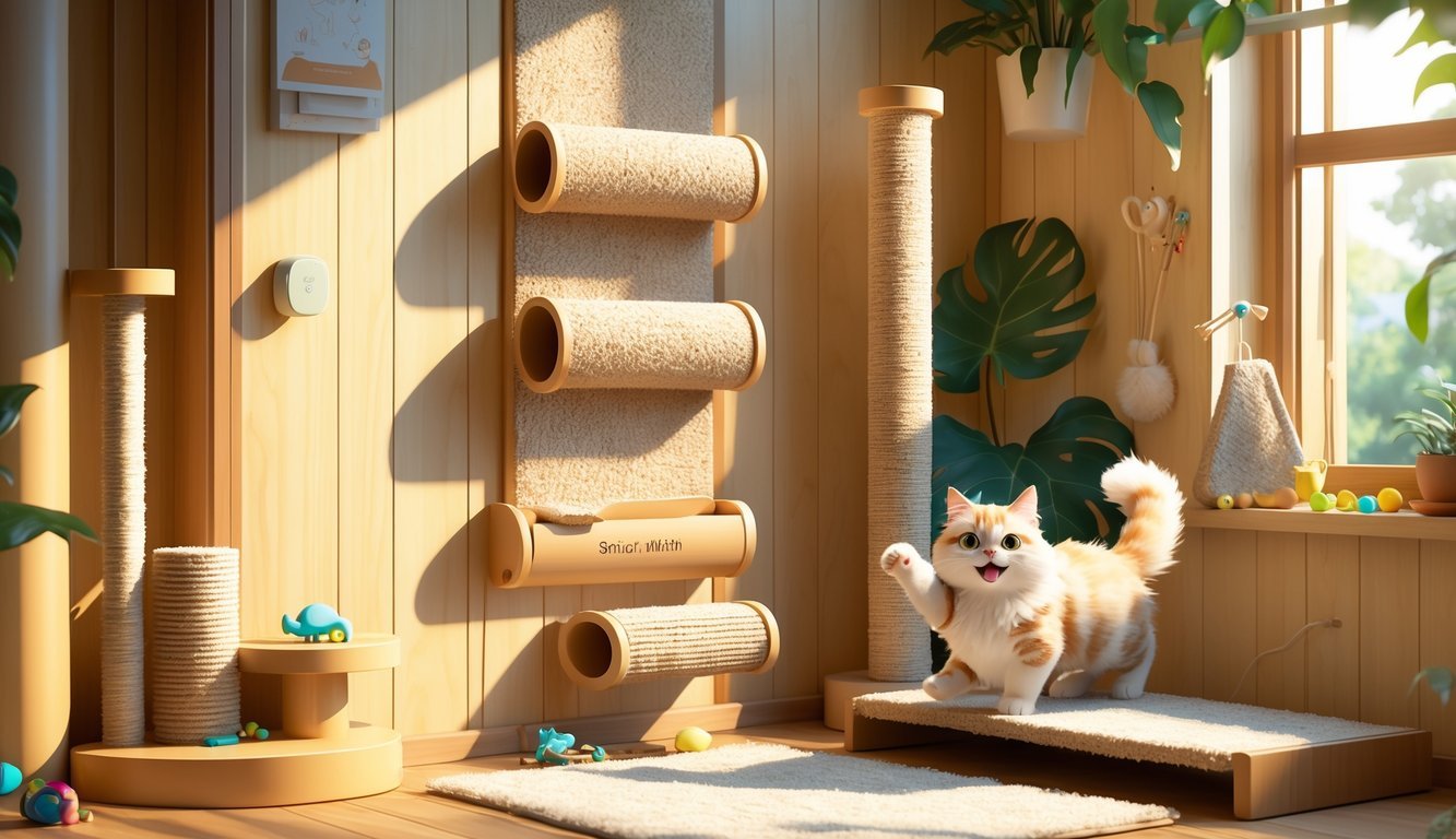 A cat scratching a wall-mounted sisal scratcher in a cozy room with various alternative scratching posts and cat toys nearby.