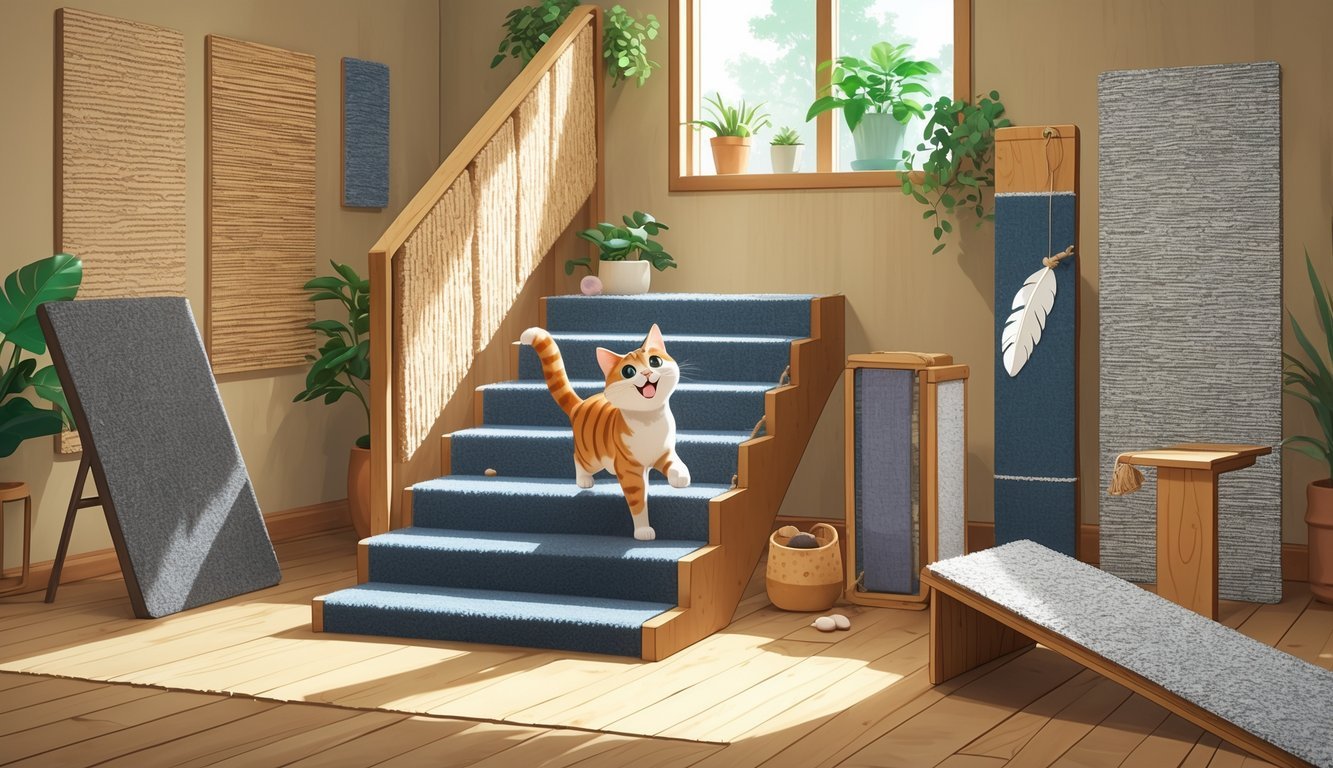 A playful cat scratching on a carpeted staircase with eight other creative cat scratching alternatives arranged around it in a cozy indoor room.