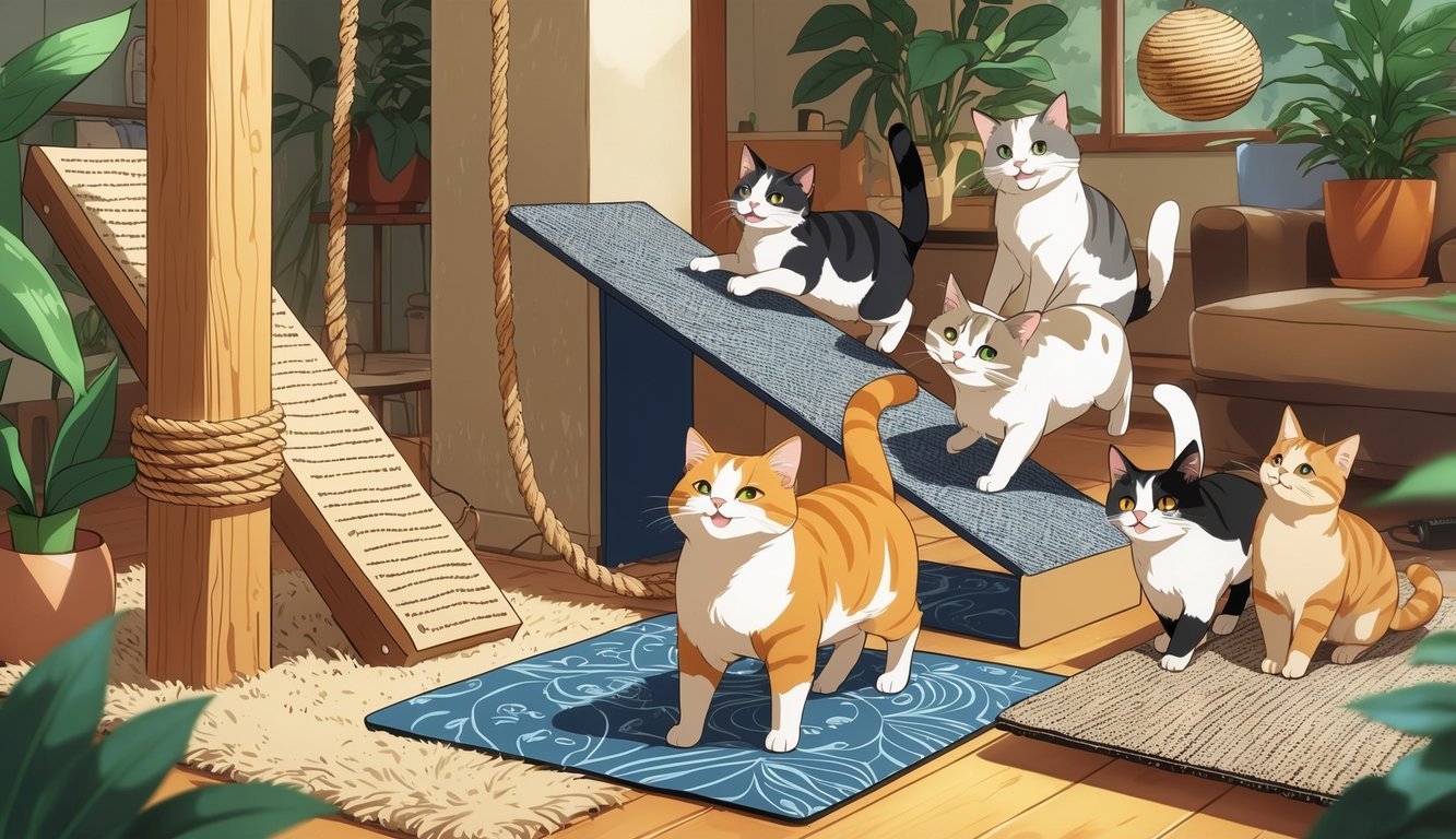 Several cats playing and scratching on different types of scratching posts and pads inside a cozy room.