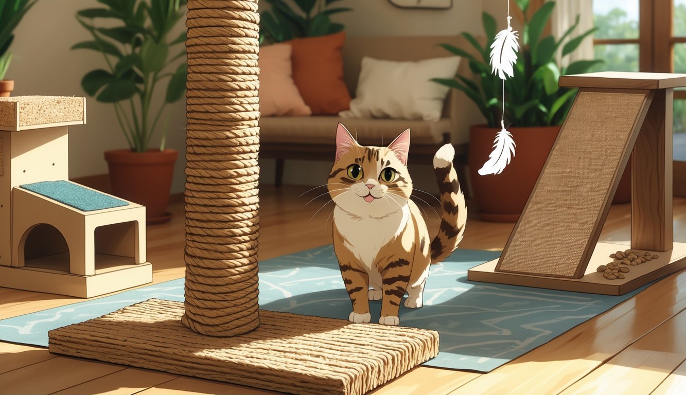 A cat scratching a sisal rope post surrounded by various creative cat scratching alternatives in a cozy indoor setting.