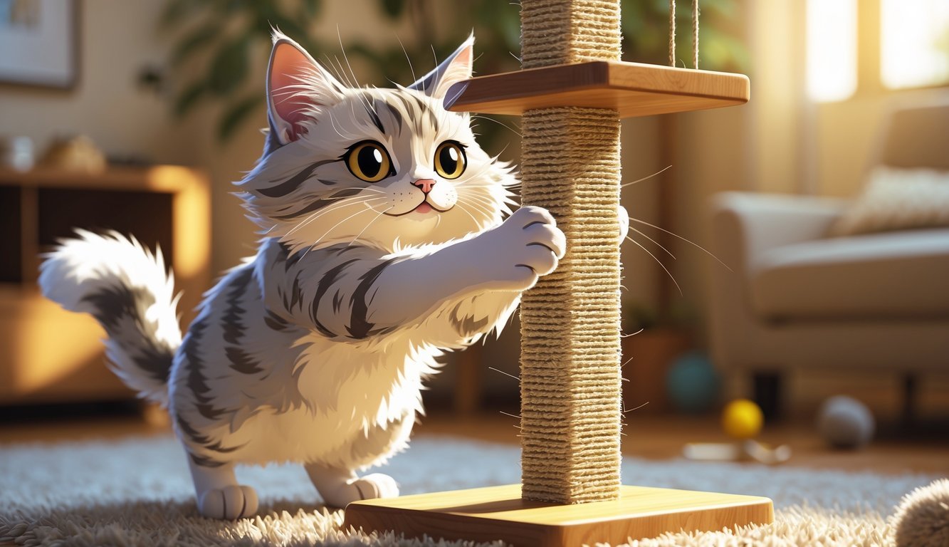 A cat scratching a wooden cat tower alternative indoors, surrounded by cozy living room elements.