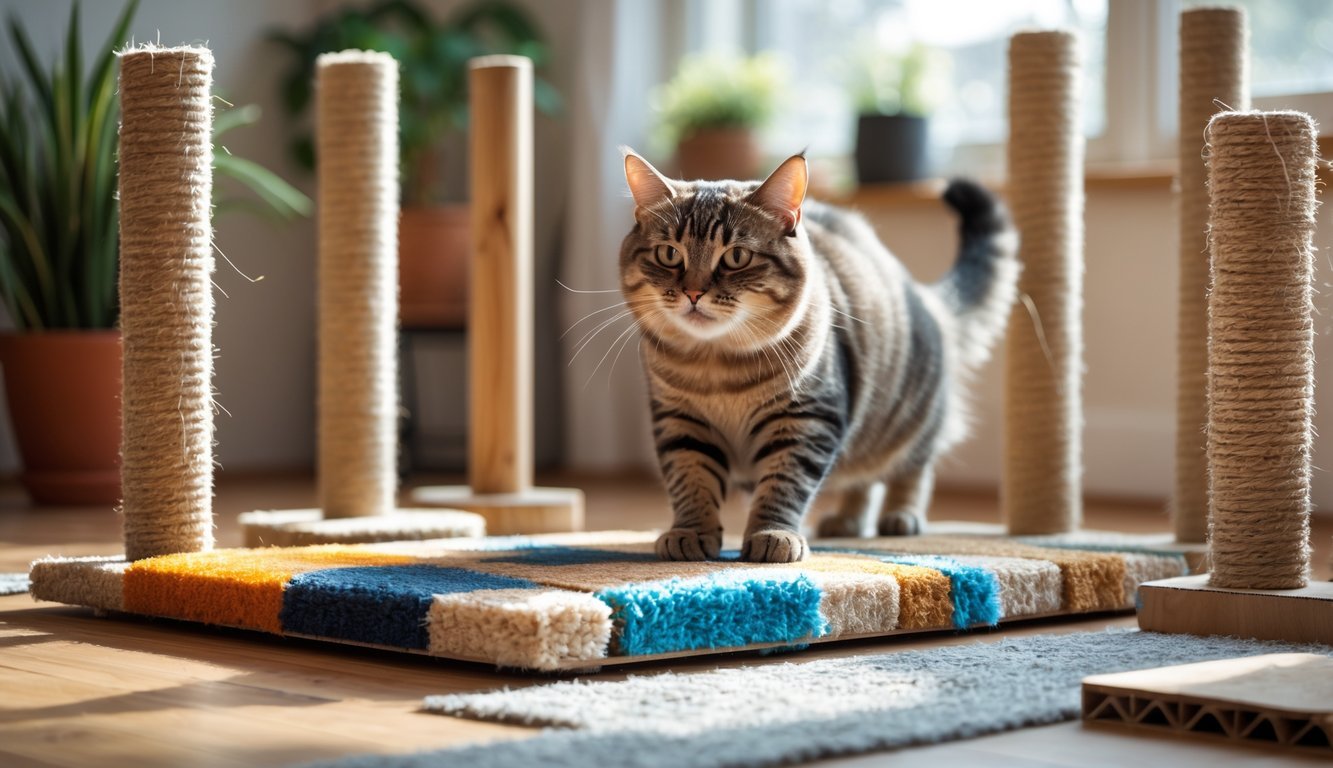 A cat scratching on a homemade scratching board made from carpet pieces, surrounded by various alternative scratching posts in a cozy room.