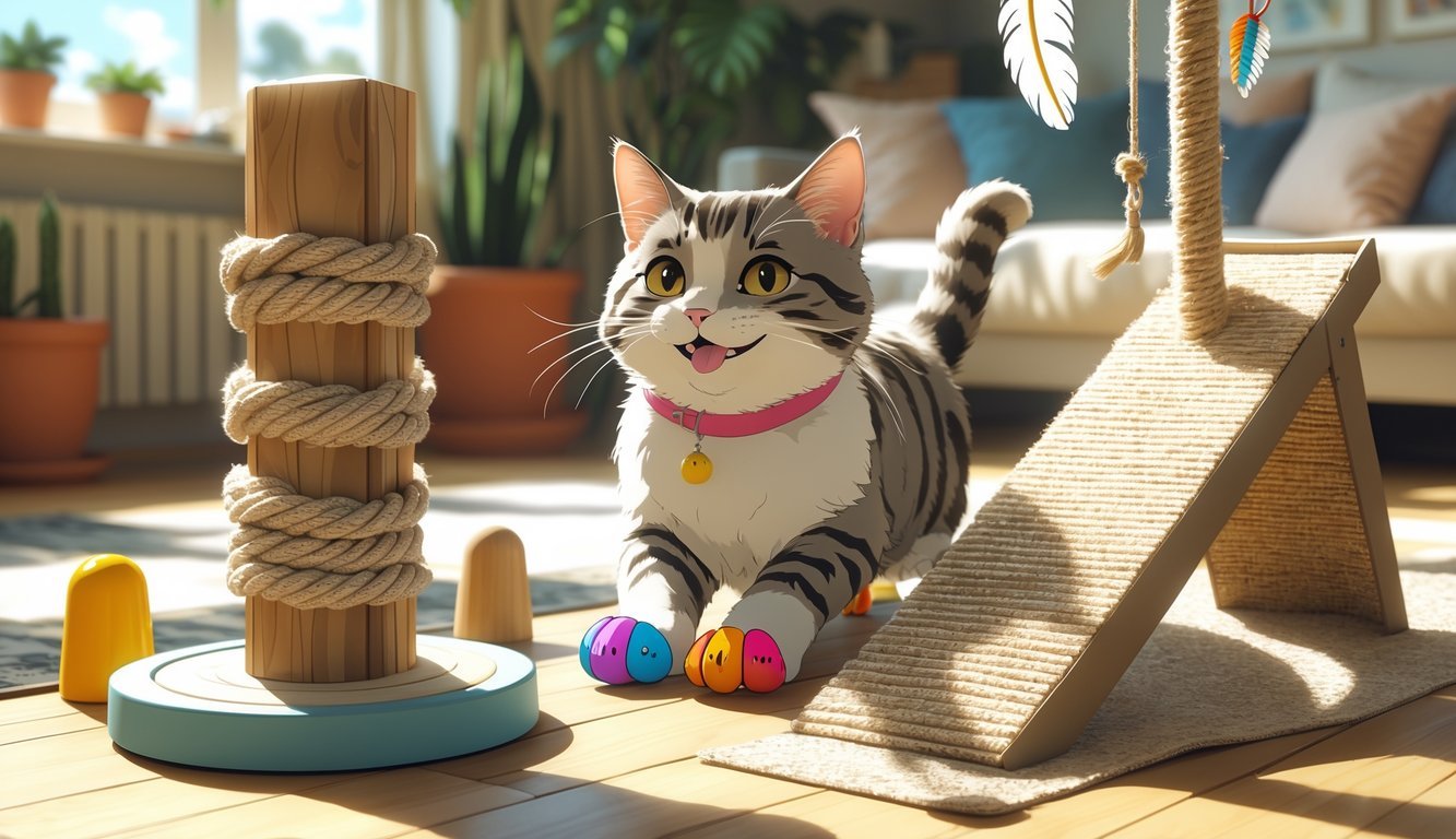 A cat wearing nail caps playing with different scratching post alternatives in a cozy living room.