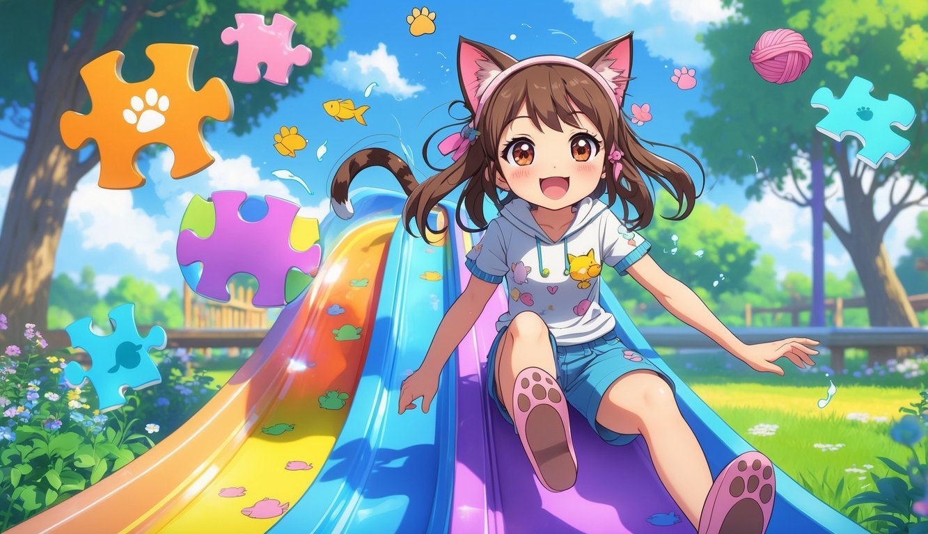 A cheerful cat-eared girl sliding down a colorful puzzle slide surrounded by floating cat-shaped puzzle pieces in a bright park.