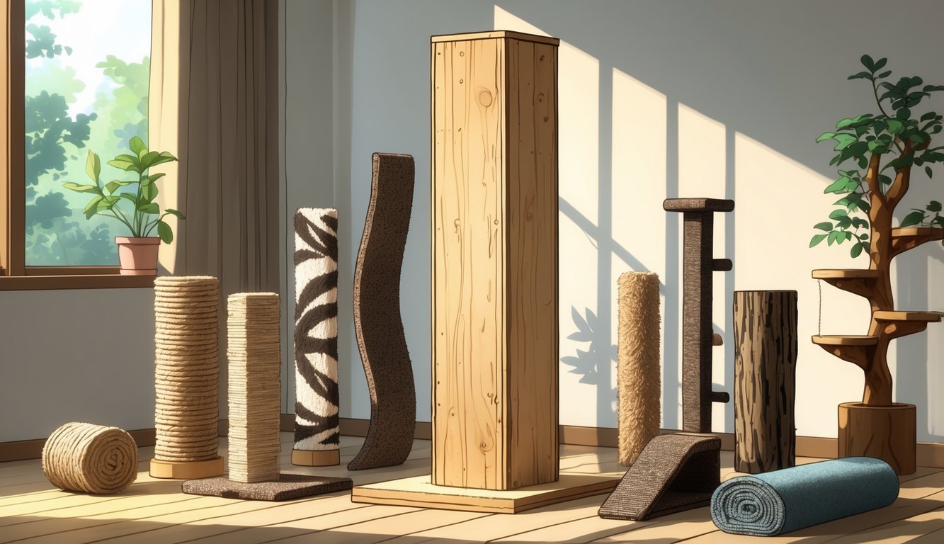 A vertical wooden scratching plank surrounded by eight different cat scratching post alternatives arranged indoors with wooden flooring and potted plants.