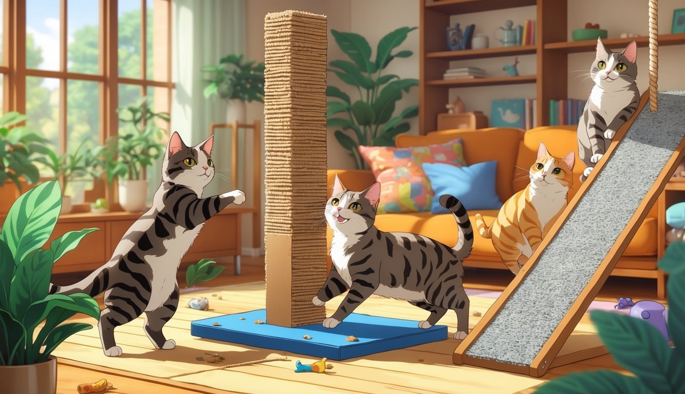 Several cats playing and scratching on various scratching post alternatives inside a cozy, sunlit living room.