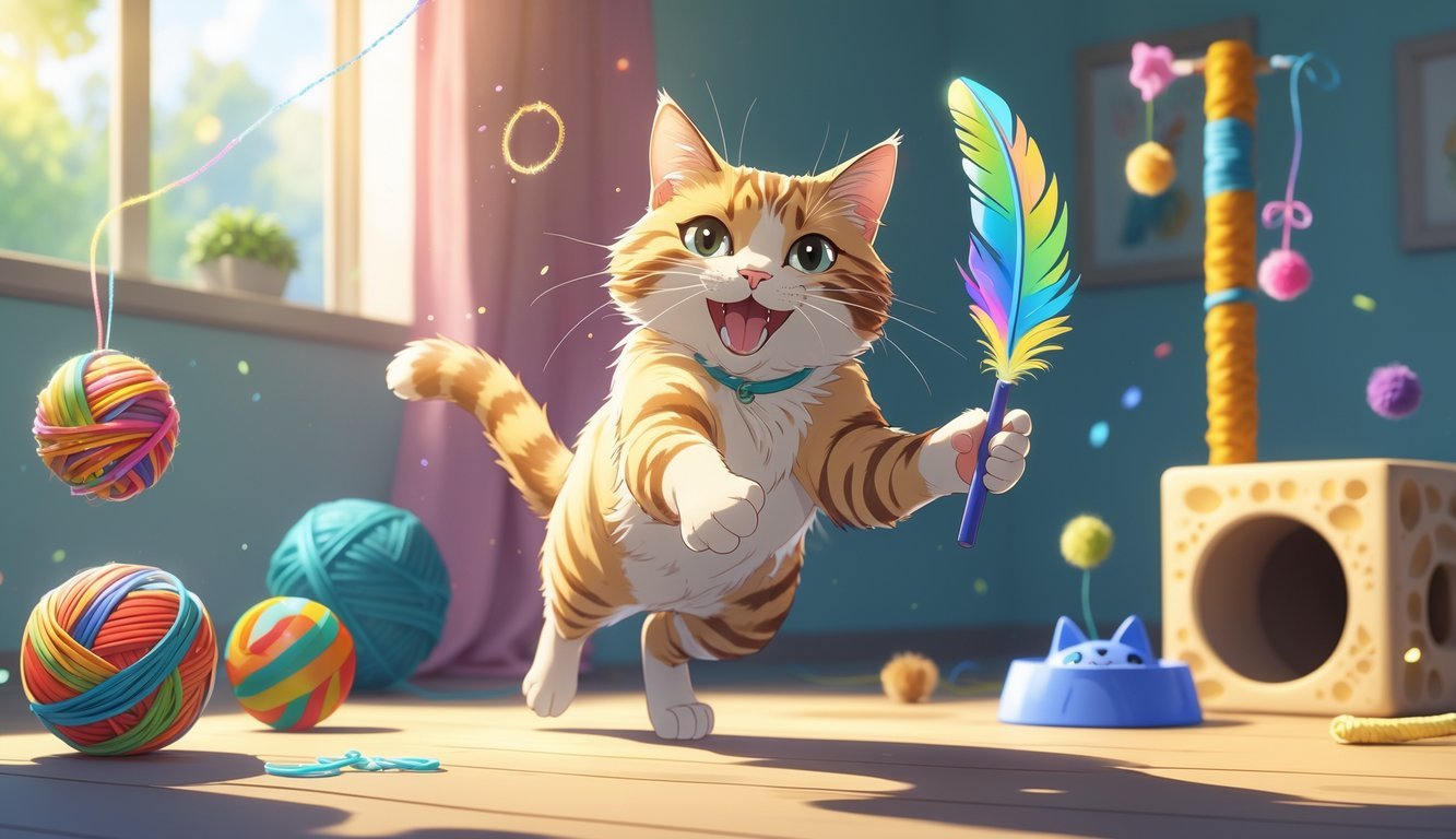 A cat playing excitedly with a feather wand indoors, surrounded by various cat toys and games.