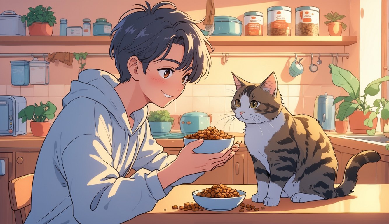 A person gently offering mixed cat food to a curious cat in a warm kitchen setting.